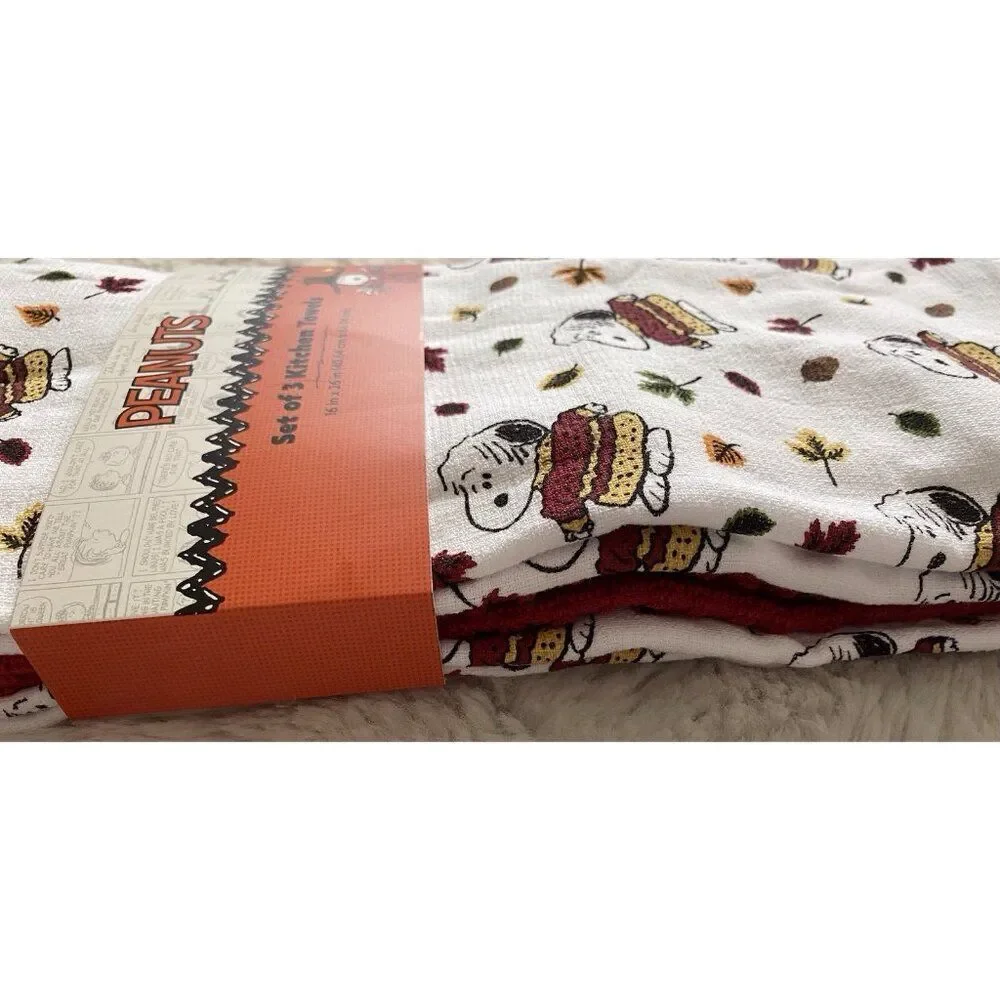 3 Pack Peanuts Snoopy Chunky‎ Sweater Fall Autumn Leaves Kitchen Towels 16 X 26”